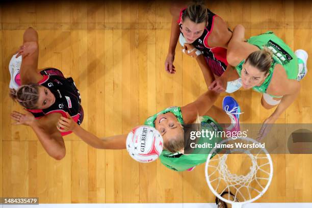 Eleanor Cardwell of the Thunderbirds shoots for goal during the round six Super Netball match between West Coast Fever and Adelaide Thunderbirds at...