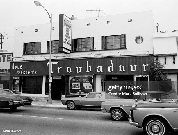 Daylight exterior view of The Troubadour, West Hollywood, CA 1975.