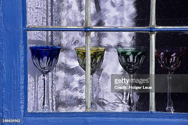 detail of glasses in window. - bornholm island stock pictures, royalty-free photos & images