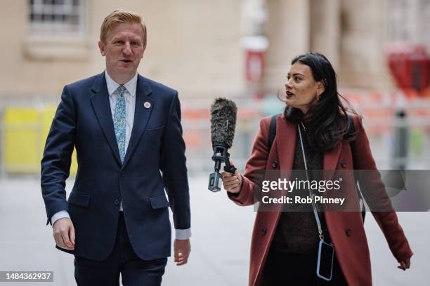 Deputy Prime Minister Oliver Dowden is questioned by a TV reporter as he arrives at BBC Broadcasting House on April 23, 2023 in London, England.