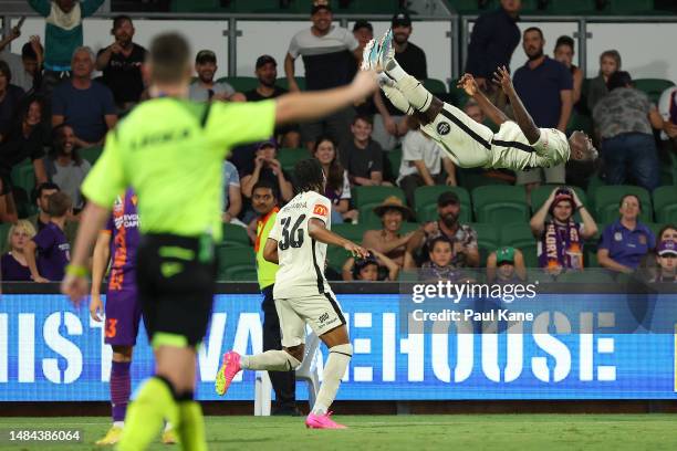 Nestory Irankunda of Adelaide celebrates the equalising fourth goal during the round 25 A-League Men's match between Perth Glory and Adelaide United...