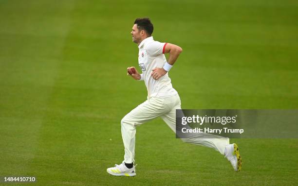 James Anderson of Lancashire in bowling action during Day Four of the LV= Insurance County Championship Division 1 match between Somerset and...