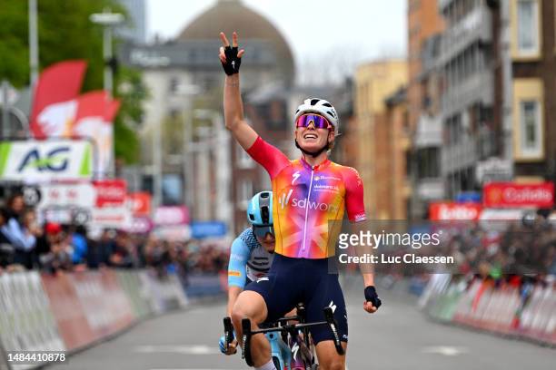 Demi Vollering of The Netherlands and Team SD Worx celebrates at finish line as race winner during the 7th Liege - Bastogne - Liege 2023, Women's...