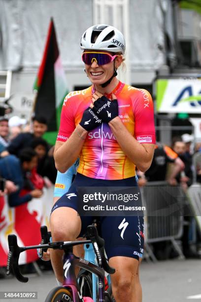 Demi Vollering of The Netherlands and Team SD Worx celebrates at finish line as race winner during the 7th Liege - Bastogne - Liege 2023, Women's...