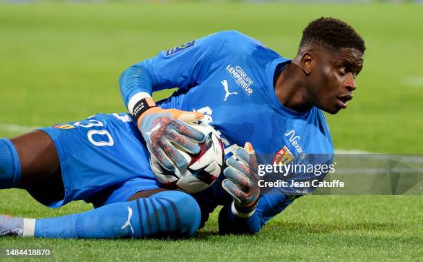 Lens goalkeeper Brice Samba during the Ligue 1 Uber Eats match between RC Lens and AS Monaco at Stade Bollaert-Delelis on April 22, 2023 in Lens,...