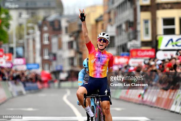 Demi Vollering of The Netherlands and Team SD Worx celebrates at finish line as race winner during the 7th Liege - Bastogne - Liege 2023, Women's...