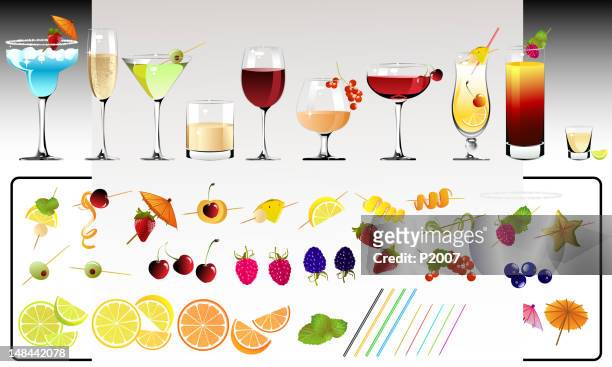 stockillustraties, clipart, cartoons en iconen met cocktail drinks with variety of garnishes - orange peel