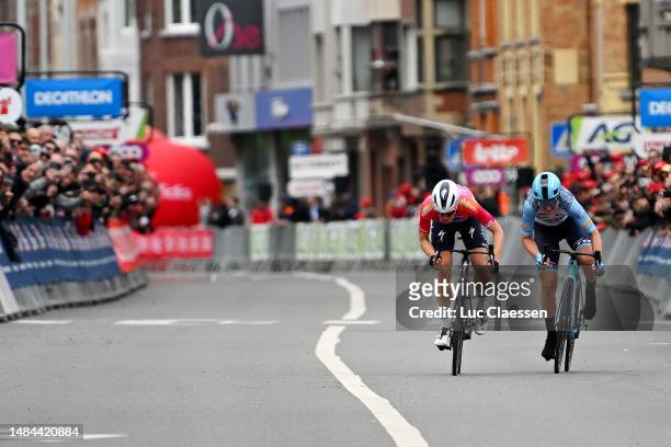 General view of Demi Vollering of The Netherlands and Team SD Worx and Elisa Longo Borghini of Italy and Team Trek – Segafredo sprint at finish line...