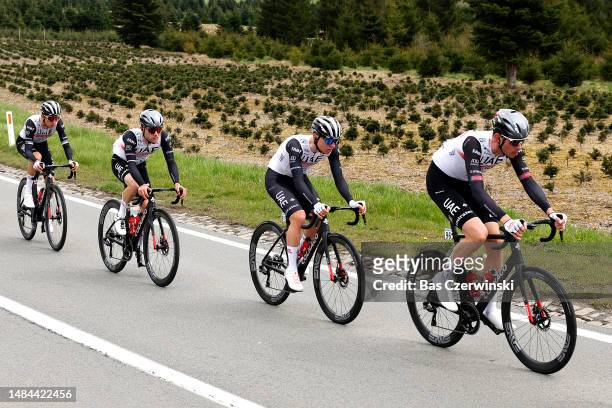 Marc Hirschi of Switzerland, Tadej Pogačar of Slovenia and Vegard Stake Laengen of Norway and UAE Team Emirates compete during the 109th Liege -...