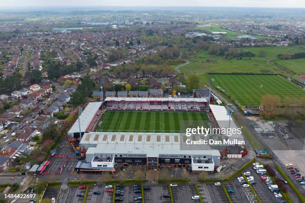 An ariel view of Vitality Stadium is seen prior to the Premier League match between AFC Bournemouth and West Ham United at Vitality Stadium on April...