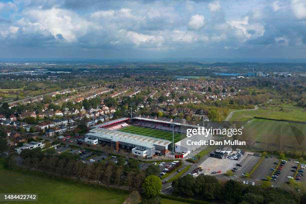 An ariel view of Vitality Stadium is seen prior to the Premier League match between AFC Bournemouth and West Ham United at Vitality Stadium on April...
