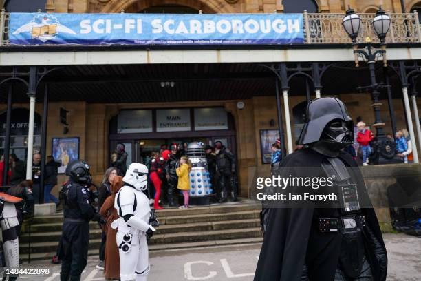 Star Wars character Darth Vader attends on the second day of the Scarborough Sci-Fi weekend on April 23, 2023 in Scarborough, England. The North...
