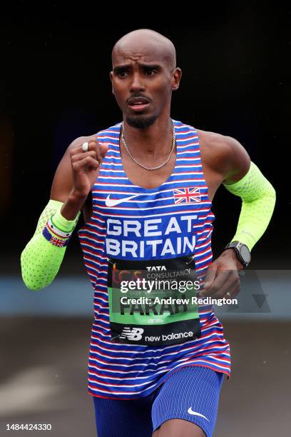 Mo Farah of Great Britain competes in the Elite Men's Marathon during the 2023 TCS London Marathon on April 23, 2023 in London, England.