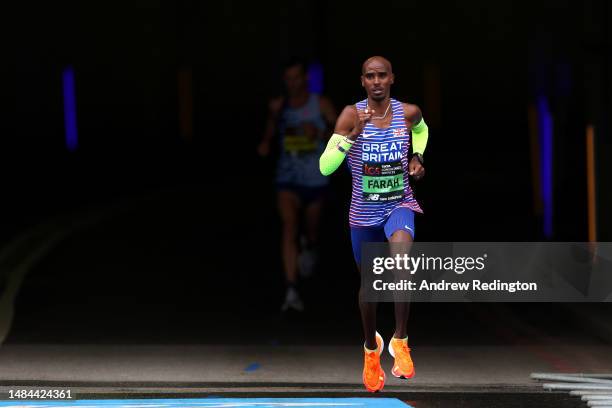 Mo Farah of Great Britain competes in the Elite Men's Marathon during the 2023 TCS London Marathon on April 23, 2023 in London, England.