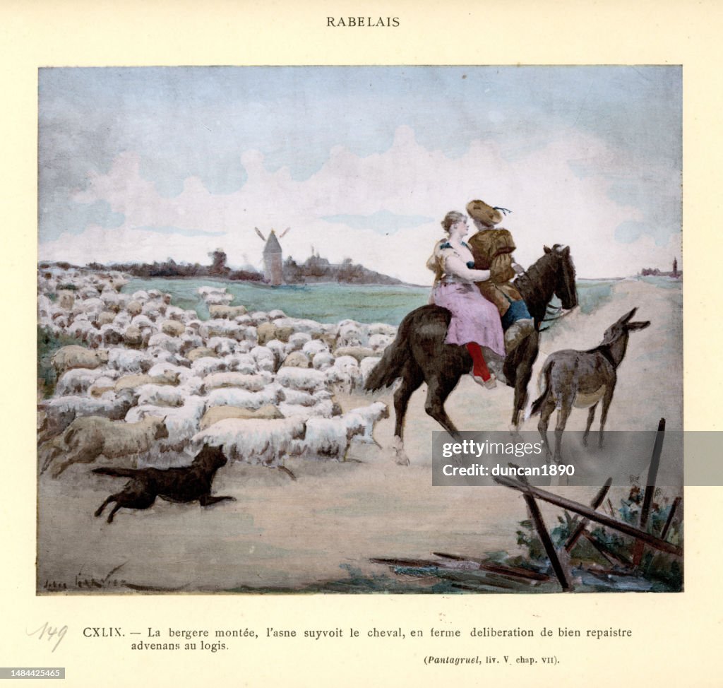 François Rabelais' Gargantua und Pantagruel, Hirtin, Schafherde, Pferd und Esel