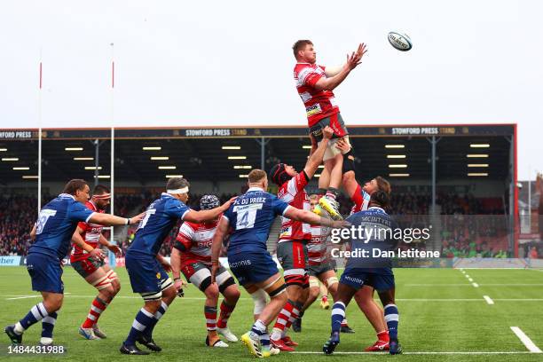 Freddie Clarke of Gloucester Rugby jumps to catch the ball in the lineout during the Gallagher Premiership Rugby match between Gloucester Rugby and...