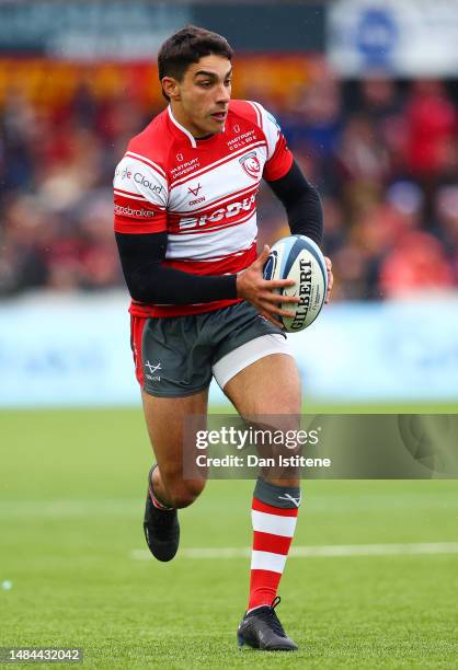 Santiago Carreras of Gloucester Rugby rubs with the ball during the Gallagher Premiership Rugby match between Gloucester Rugby and Sale Sharks at...