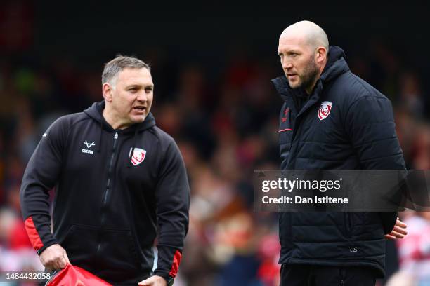 George Skivington, head coach of Gloucester Rugby speaks with his assistant Trevor Woodman before the Gallagher Premiership Rugby match between...