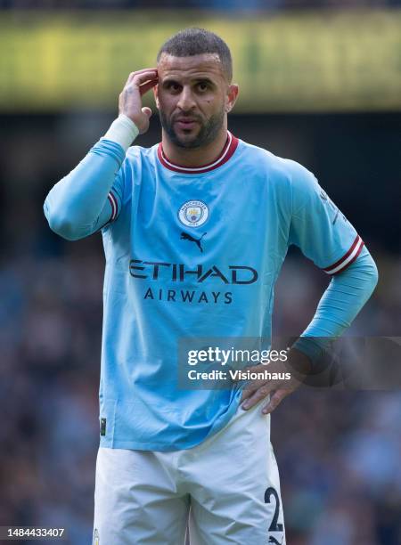 Kyle Walker of Manchester City during the Premier League match between Manchester City and Leicester City at Etihad Stadium on April 15, 2023 in...