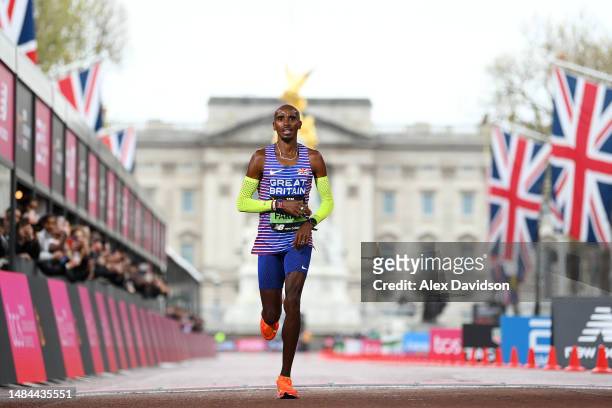 Mo Farah of Great Britain crosses the finish line in the Elite Men's Marathon during the 2023 TCS London Marathon on April 23, 2023 in London,...