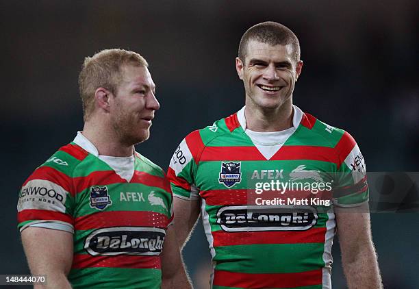 Matt King of the Rabbitohs celebrates with Michael Crocker after full time during the round 19 NRL match between the Sydney Roosters and the South...