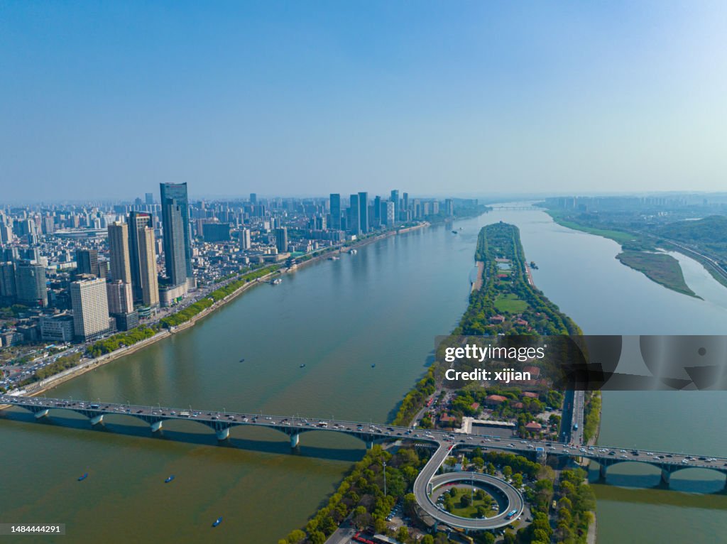 Aerial view of the Xiangjiang River in Changsha, Hunan, China