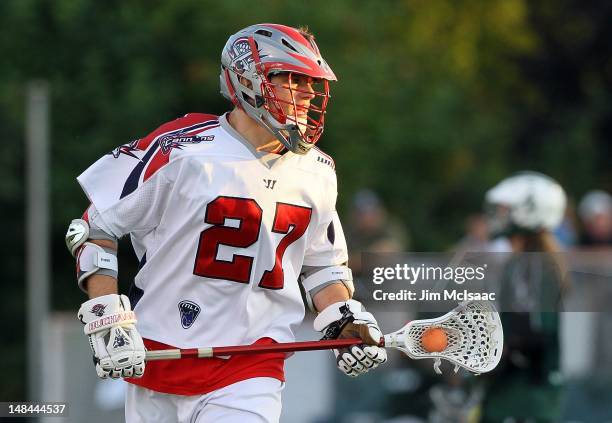 Kevin Buchanan of the Boston Cannons in action against the Long Island Lizards during their Major League Lacrosse game on July 14, 2012 at Shuart...
