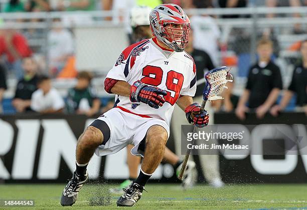 Morrissey of the Boston Cannons in action against the Long Island Lizards during their Major League Lacrosse game on July 14, 2012 at Shuart Stadium...