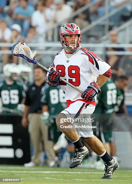 Morrissey of the Boston Cannons in action against the Long Island Lizards during their Major League Lacrosse game on July 14, 2012 at Shuart Stadium...