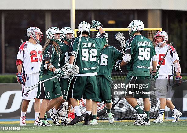 The Long Island Lizards celebrate a goal against the Boston Cannons during their Major League Lacrosse game on July 14, 2012 at Shuart Stadium in...