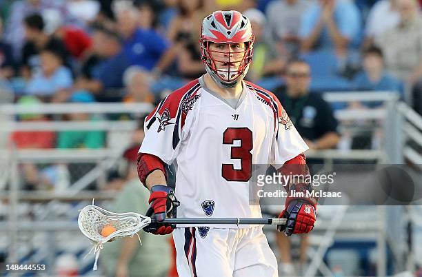 Pat Heim of the Boston Cannons in action against the Long Island Lizards during their Major League Lacrosse game on July 14, 2012 at Shuart Stadium...