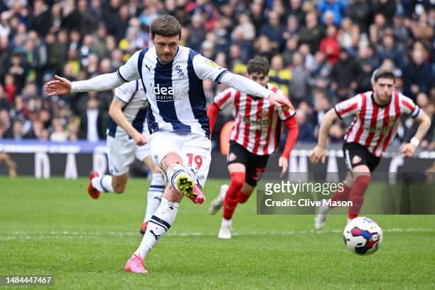 John Swift of West Bromwich Albion scores the team's first goal from the penalty spot during the Sky Bet Championship between West Bromwich Albion...