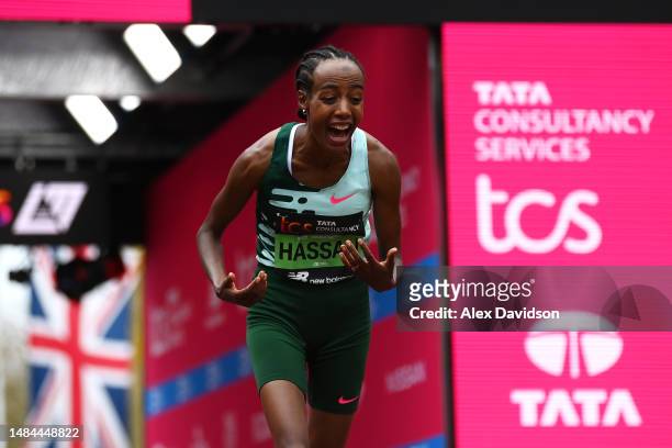 Sifan Hassan of Netherlands celebrates after winning the Elite Woman's Marathon during the 2023 TCS London Marathon on April 23, 2023 in London,...