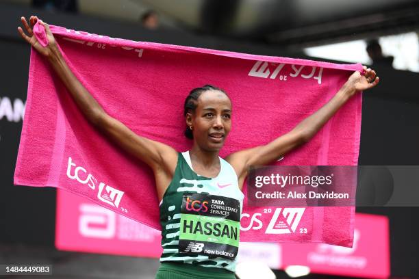 Sifan Hassan of Netherlands celebrates after winning the Elite Woman's Marathon during the 2023 TCS London Marathon on April 23, 2023 in London,...