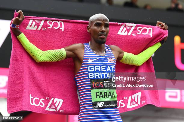 Mo Farah of Great Britain celebrates after finishing the Elite Men's Marathon during the 2023 TCS London Marathon on April 23, 2023 in London,...