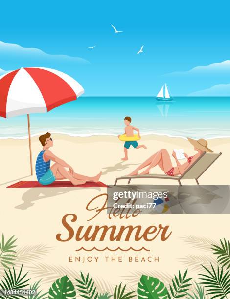 ilustraciones, imágenes clip art, dibujos animados e iconos de stock de felices vacaciones de verano en familia en la playa - family beach