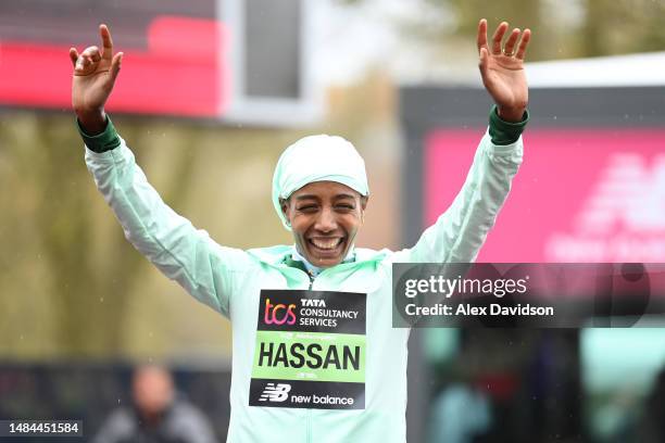 Sifan Hassan of Netherlands celebrates after winning the Elite Woman's Marathon during the 2023 TCS London Marathon on April 23, 2023 in London,...