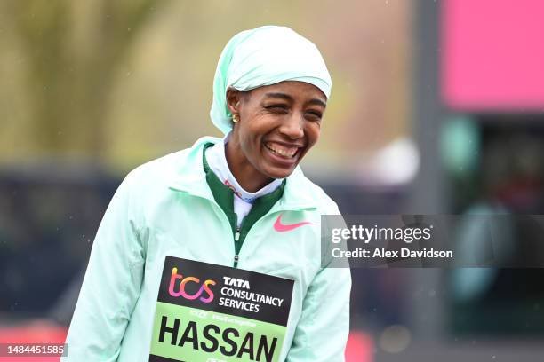 Sifan Hassan of Netherlands celebrates after winning the Elite Woman's Marathon during the 2023 TCS London Marathon on April 23, 2023 in London,...