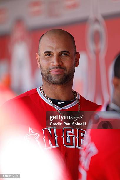 Albert Pujols of the Los Angeles Angels of Anaheim looks on from the dugout during the game against the Texas Rangers on June 3, 2012 at Angel...