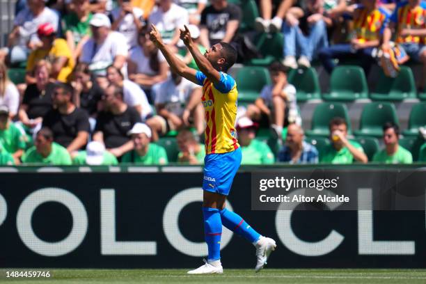 Lino of Valencia CF celebrates after scoring the team's first goal during the LaLiga Santander match between Elche CF and Valencia CF at Estadio...