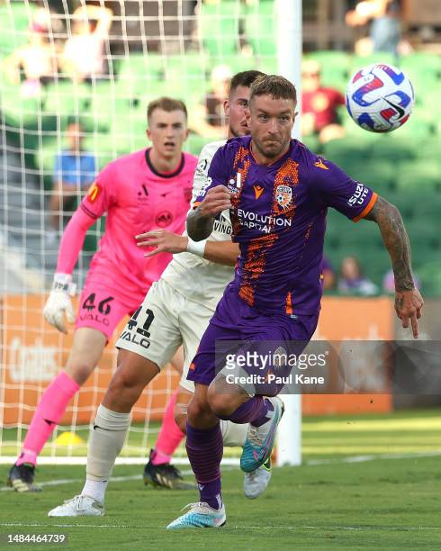 Adam Taggart of the Glory runs onto the ball during the round 25 A-League Men's match between Perth Glory and Adelaide United at HBF Park, on April...