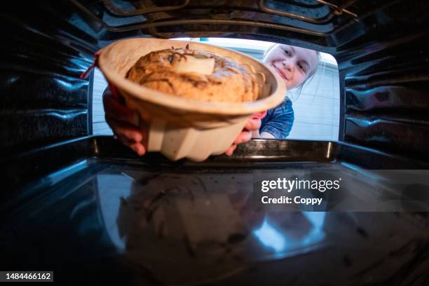 mujer joven horneando kugelhupf en molde de silicona y sacándolo del horno - amoldar fotografías e imágenes de stock