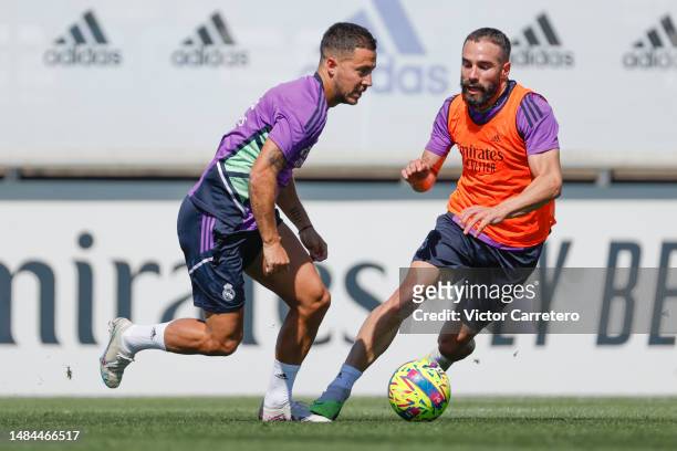 Eden Hazard, player of Real Madrid, in action at Valdebebas training ground on April 23, 2023 in Madrid, Spain.