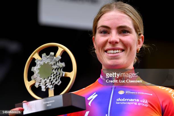Demi Vollering of The Netherlands and Team SD Worx celebrates at podium as race winner with her trophy during the 7th Liege - Bastogne - Liege 2023,...