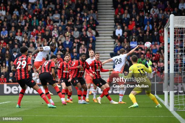Michail Antonio of West Ham United scores the team's first goal past Neto of AFC Bournemouth during the Premier League match between AFC Bournemouth...