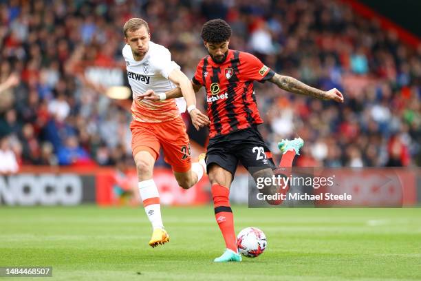 Philip Billing of AFC Bournemouth battles for possession with Tomas Soucek of West Ham United during the Premier League match between AFC Bournemouth...