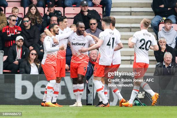 Michail Antonio of West Ham United turns to celebrate after he scores a goal to make it 1-0 during the Premier League match between AFC Bournemouth...