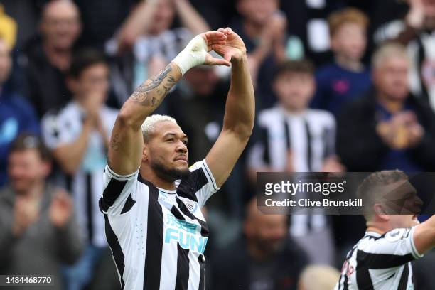Joelinton of Newcastle United celebrates after scoring the team's second goal during the Premier League match between Newcastle United and Tottenham...