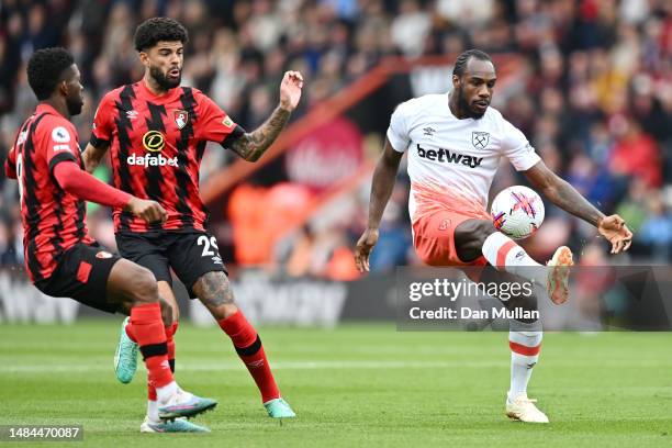 Michail Antonio of West Ham United controls the ball during the Premier League match between AFC Bournemouth and West Ham United at Vitality Stadium...