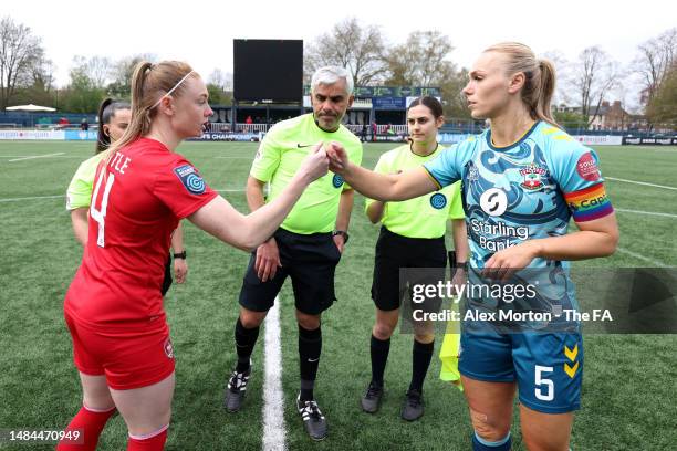 Jodie Bartle of Coventry United and Rosie Parnell of Southampton FC prior to the Barclays FA Women's Championship match between Coventry United and...